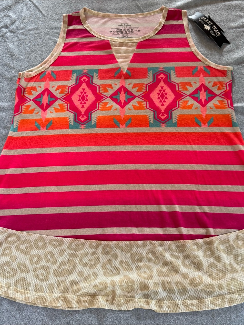 Crazy Train Hot Pink & Coral Aztec Stripe Tank with Cream Leopard Trim